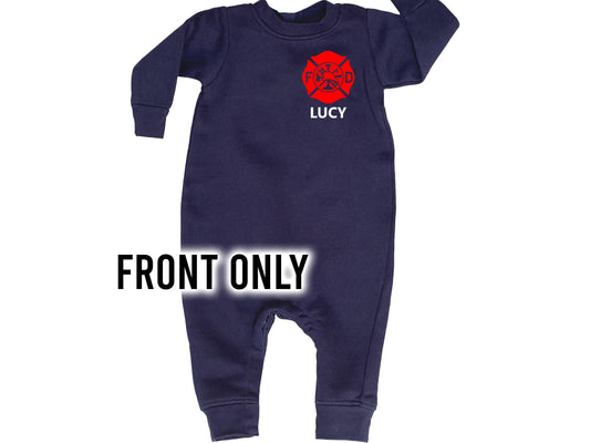 Firefighter Baby Fleece One Piece Bodysuit with Maltese Cross and Personalized Name - Optional Fire Department on Back