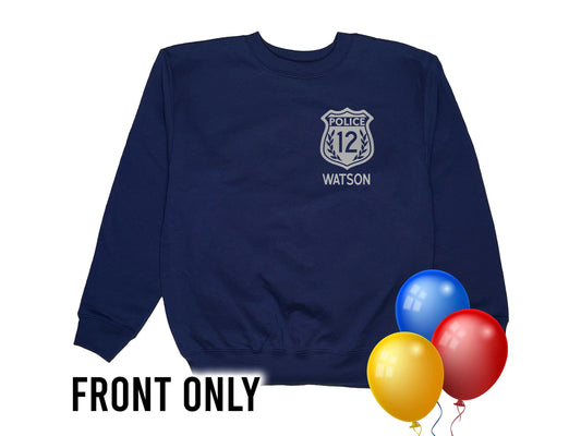 A navy blue youth sweatshirt with a silver police badge on left chest. The badge has the word 'Police' and the number '8' inside. Below the badge is the name 'Walker' in silver text.