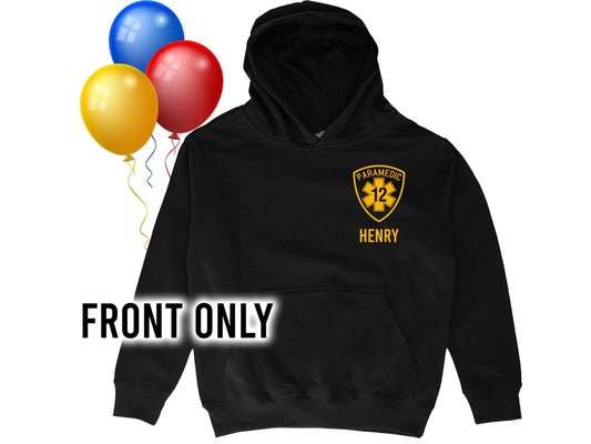 Birthday Paramedic Youth Hoodie with Star of Life, Age, and Name - Optional City or Department on Back