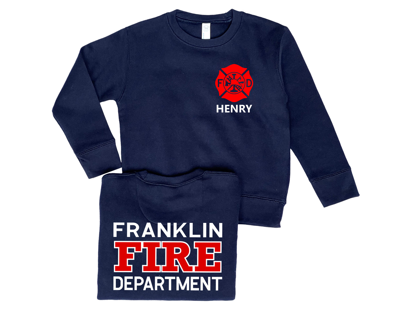 Firefighter Kids Crew Neck Sweatshirt with Maltese Cross and Personalized Name - Optional Fire Department on Back