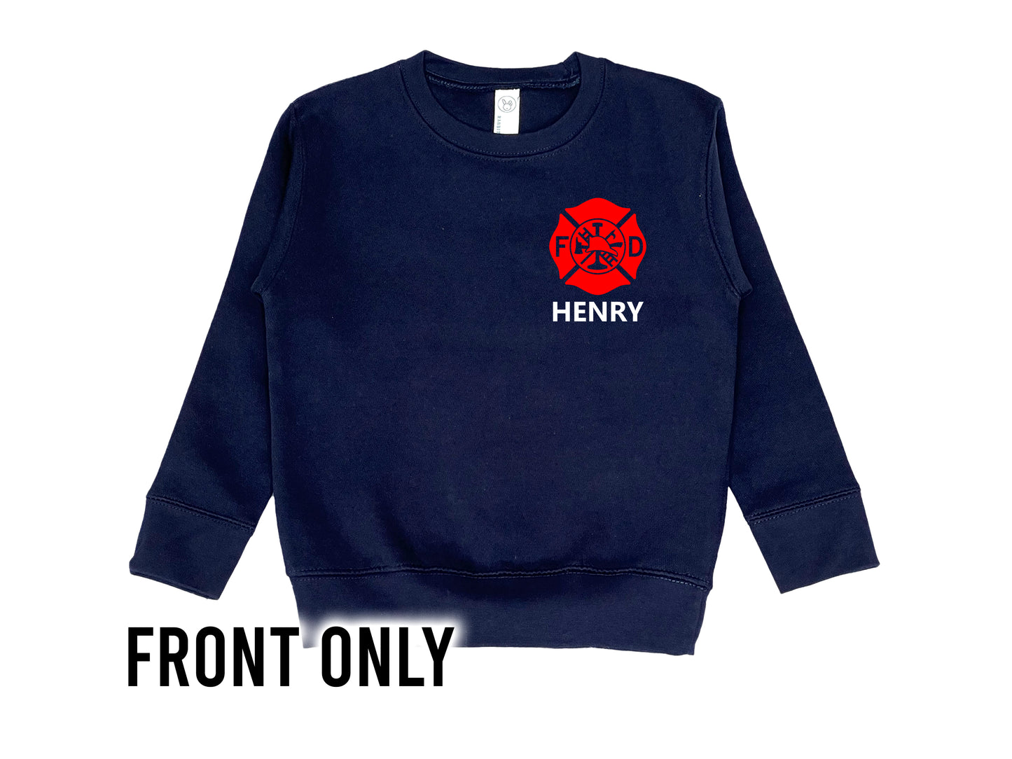 Firefighter Kids Crew Neck Sweatshirt with Maltese Cross and Personalized Name - Optional Fire Department on Back