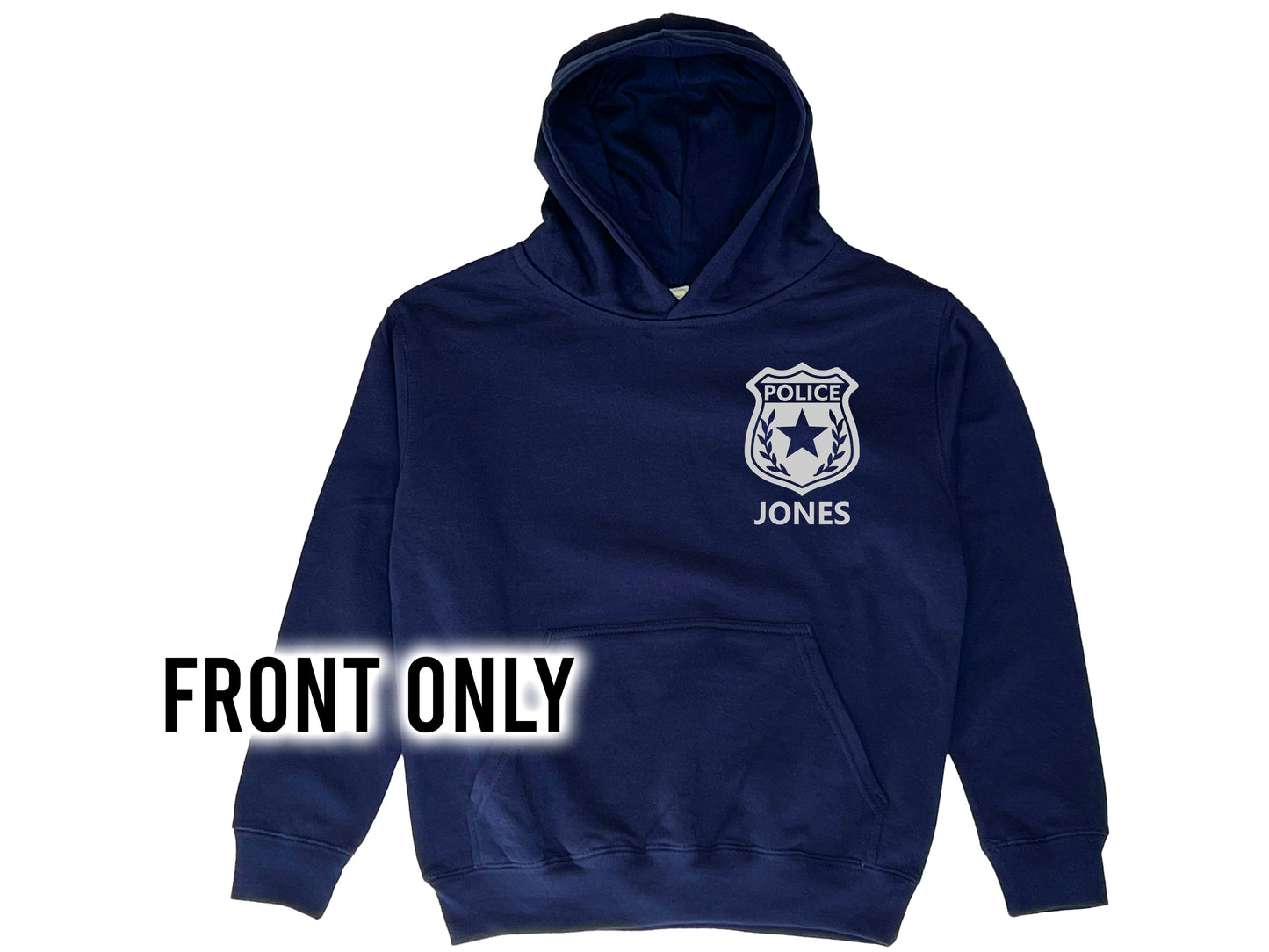 Police Youth Sized Hoodie in Navy with Badge and Name - Optional Police Department on Back