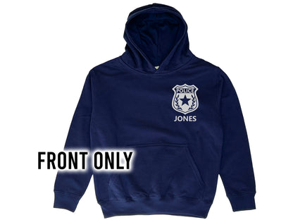 Police Youth Sized Hoodie in Navy with Badge and Name - Optional Police Department on Back