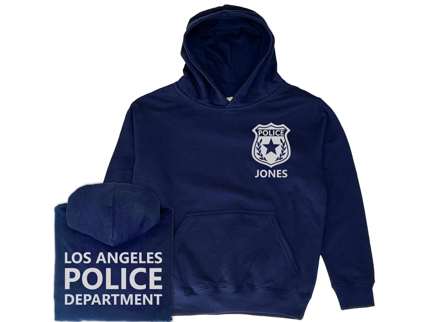 Police Youth Sized Hoodie in Navy with Badge and Name - Optional Police Department on Back