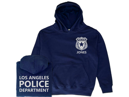 Police Youth Sized Hoodie in Navy with Badge and Name - Optional Police Department on Back