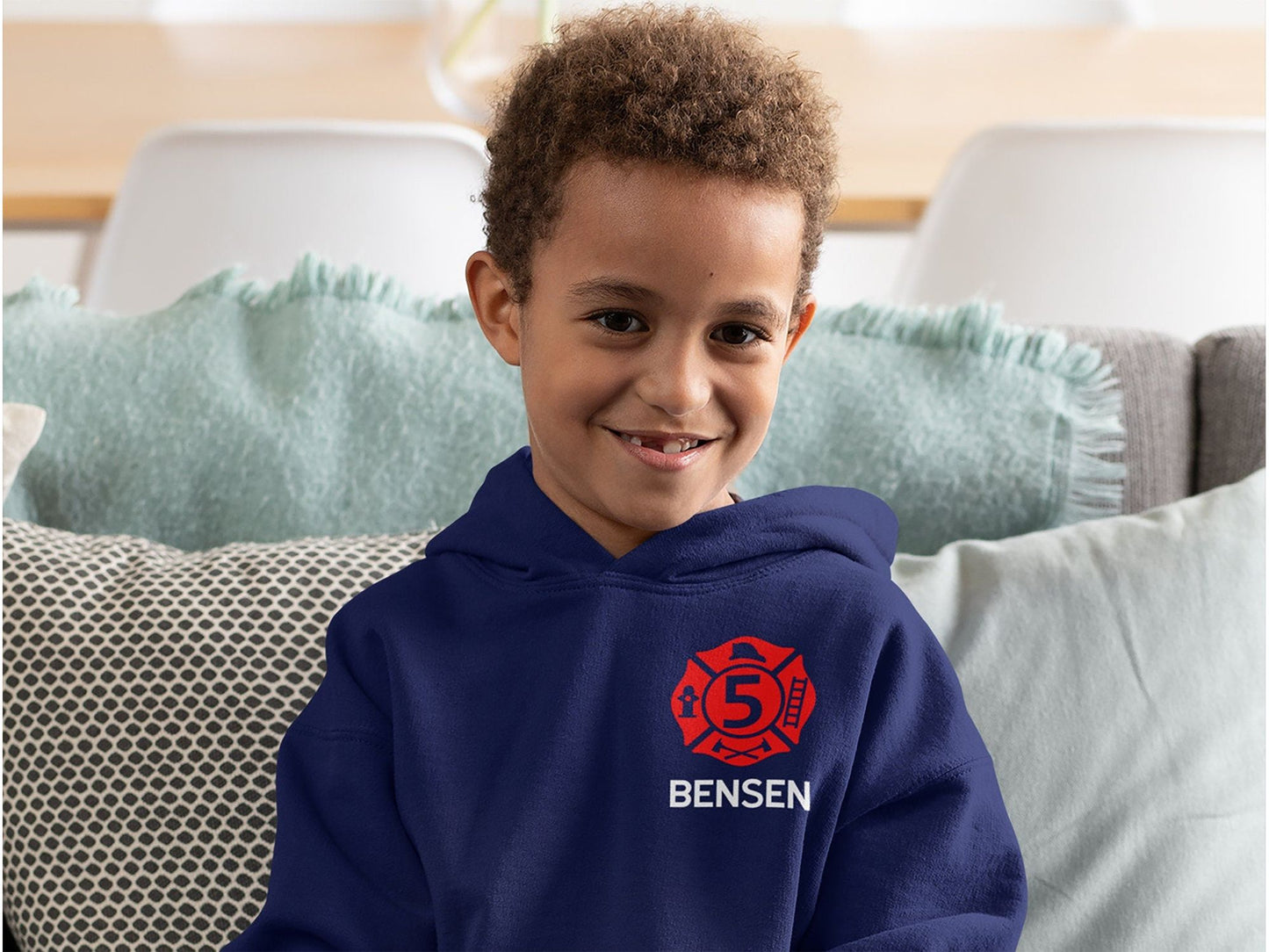 Firefighter Birthday Kids Hoodie with Maltese Cross, Child's Age, and Name - Optional Fire Department on Back