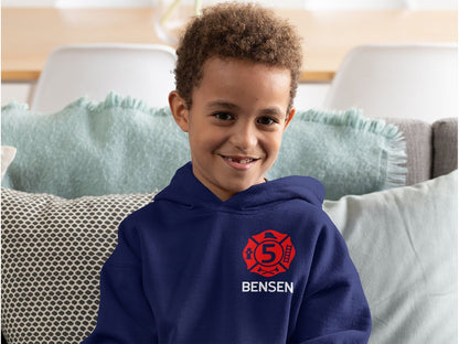 Firefighter Birthday Kids Hoodie with Maltese Cross, Child's Age, and Name - Optional Fire Department on Back