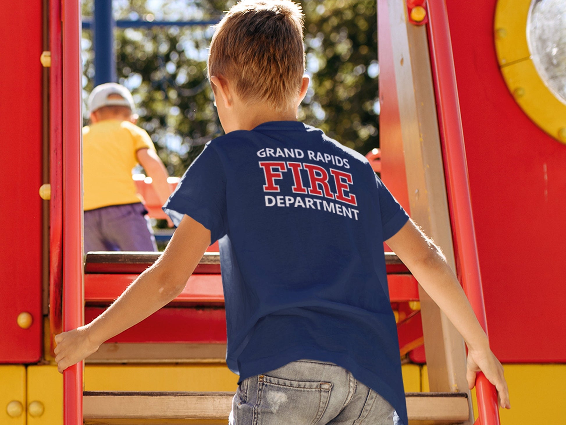 Firefighter Birthday Youth T-Shirt with Maltese Cross, Age, and Name - Optional Fire Department on Back