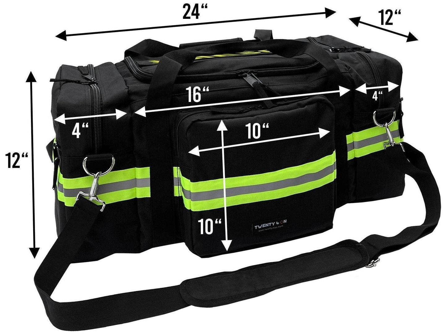 Black firefighter gym bag with yellow and silver reflective trim. Includes dimensions lines with numbers showing the size of the bag.