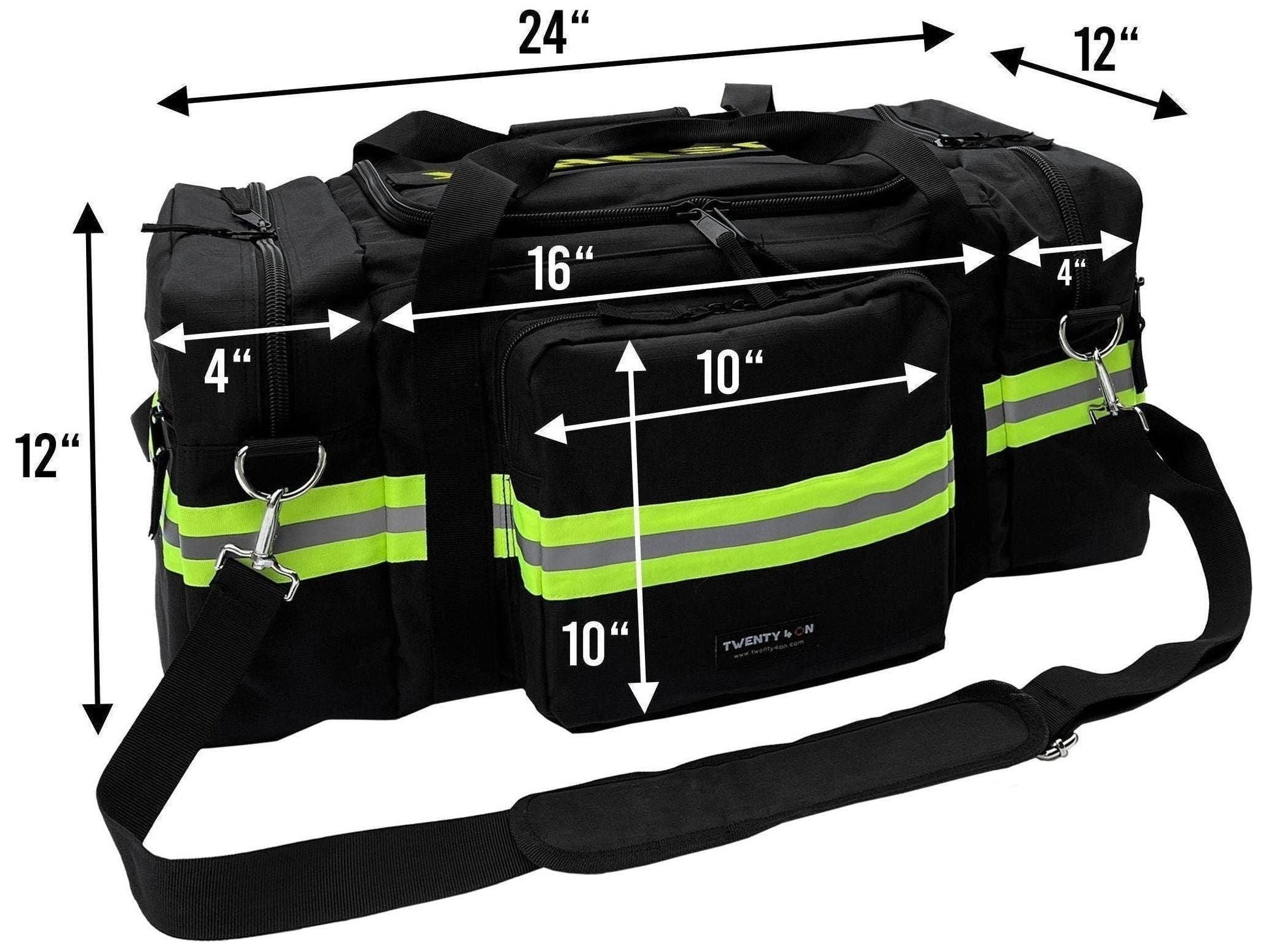 Black firefighter gym bag with yellow and silver reflective trim. Includes dimensions lines with numbers showing the size of the bag.