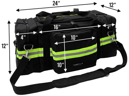 Black firefighter gym bag with yellow and silver reflective trim. Includes dimensions lines with numbers showing the size of the bag.