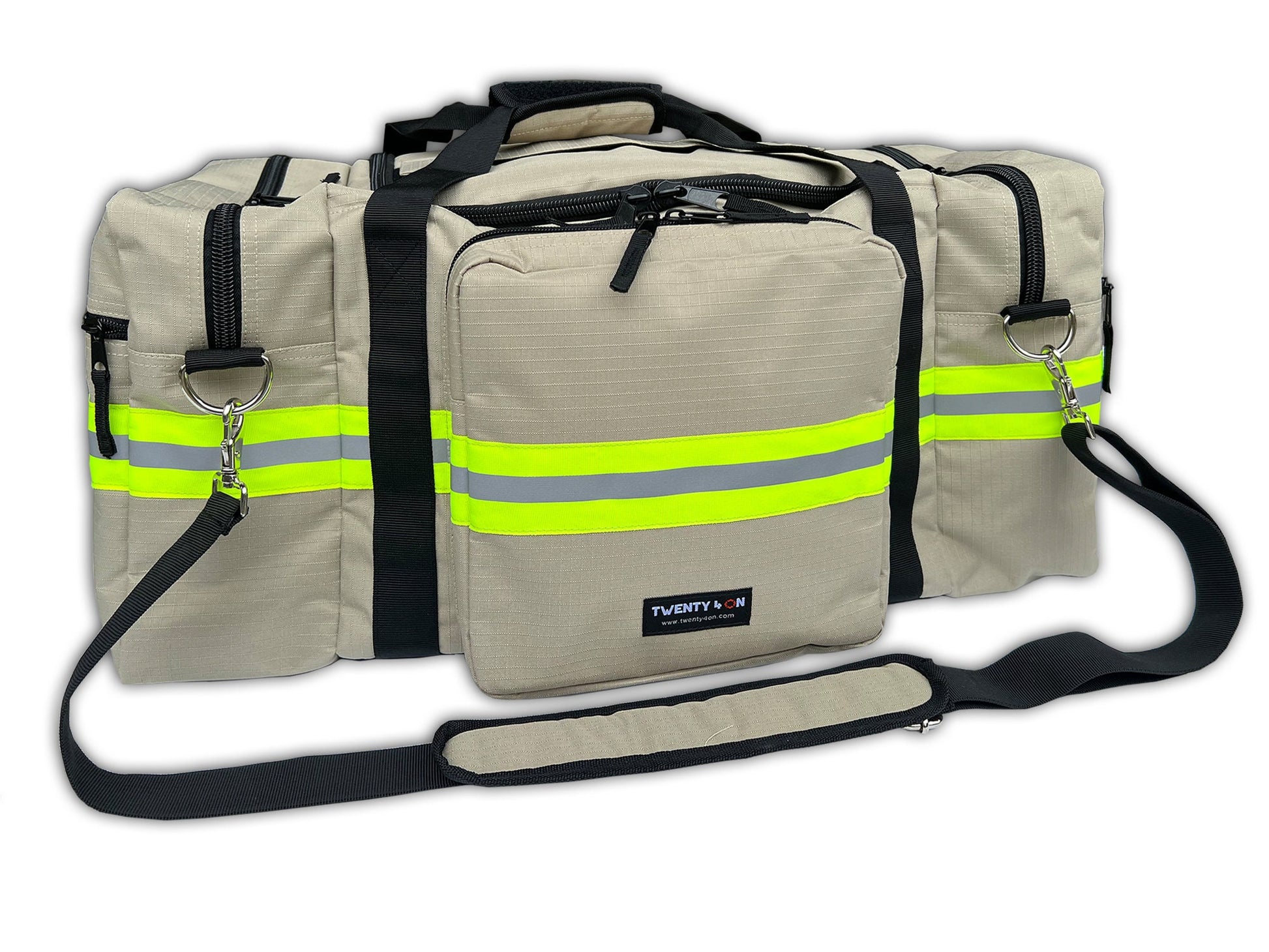 Khaki firefighter duffel bag with lime yellow and silver reflective stripe all around it. The top center has a heavy duty black zipper opening and two hand straps that snap together. 2 long shoulder straps attach to font and back of the bag with sturdy snap hook hardware. Large side pockets are also zippered with black heavy duty zippers. Another zippered pocket is on the front of the bag. The top of the bag features a custom name in lime yellow.