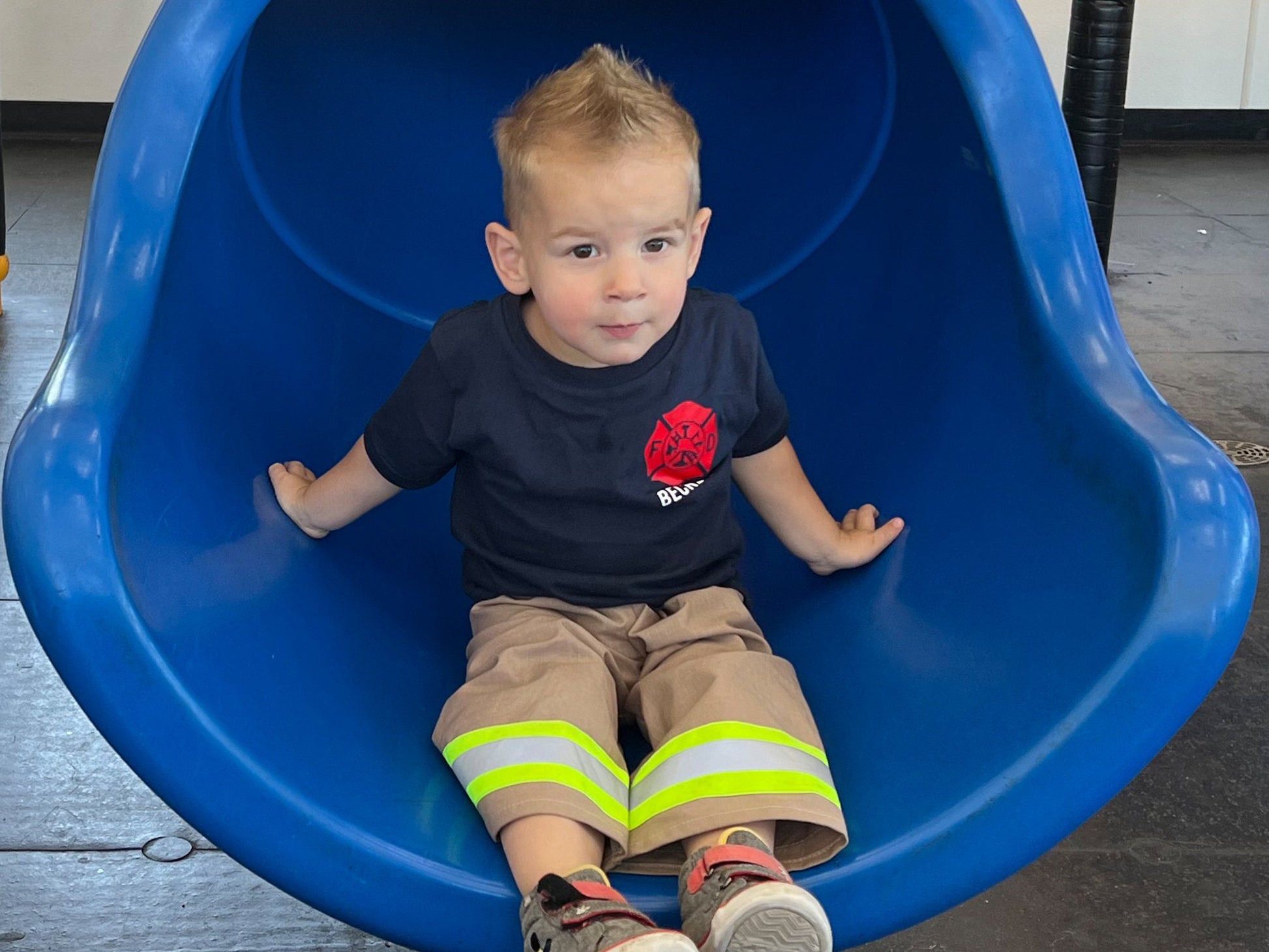 Firefighter Birthday Kids Navy Tee-Shirt and Turnout Pants Outfit - Maltese Cross with age and Name on Front - Fire Department on Back