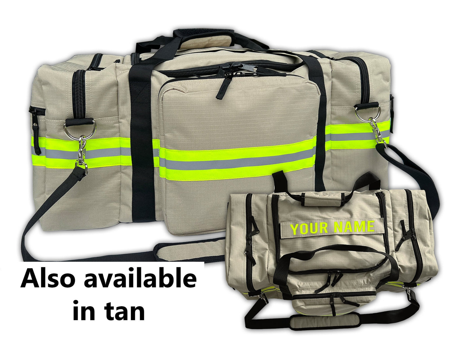 Tan firefighter-style duffel bag with bright yellow and gray reflective stripes across the front and sides. The main image shows the bag with multiple zippered compartments, sturdy handles, and an adjustable shoulder strap. A smaller inset displays a customizable version with bold yellow “YOUR TEXT” on the front pocket. Ideal for first responders, gym use, or travel. Text “also available in tan”.