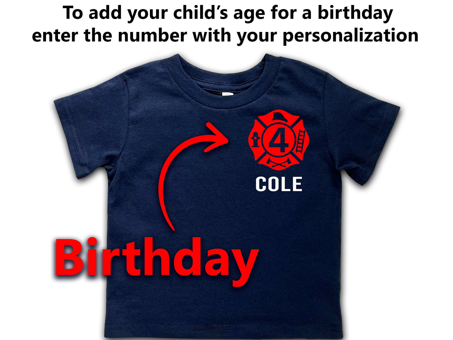 Firefighter Birthday Kids Navy Tee-Shirt and Turnout Pants Outfit - Maltese Cross with age and Name on Front - Fire Department on Back