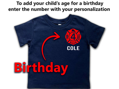 Firefighter Birthday Kids Navy Tee-Shirt and Turnout Pants Outfit - Maltese Cross with age and Name on Front - Fire Department on Back