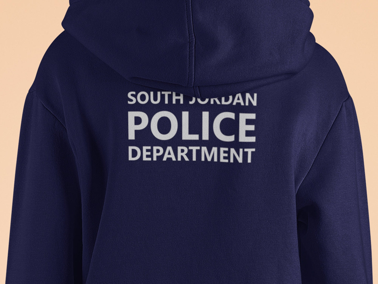 Child from the back wearing the hoodie, displaying the custom police department name 'South Jordan Police Department' in silver text