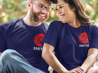 Personalized Firefighter T-Shirt with Maltese Cross and Name - Optional Fire Department on Back