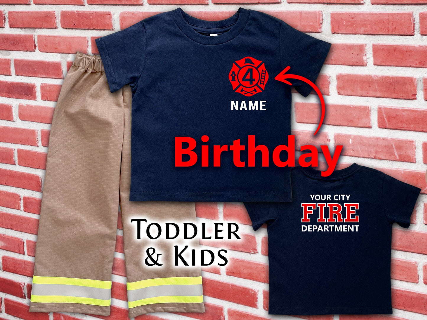 Firefighter Birthday Kids Navy Tee-Shirt and Turnout Pants Outfit - Maltese Cross with age and Name on Front - Fire Department on Back