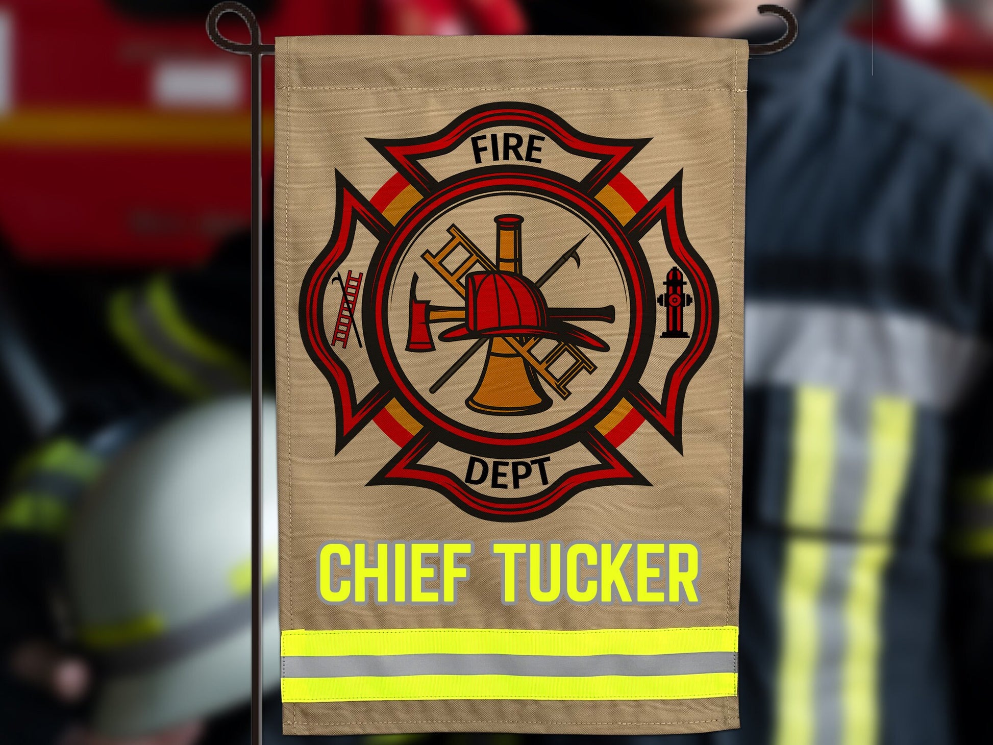 Firefighter Garden Flag with Maltese Cross. Personalized With Your Name or Other Text