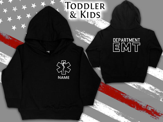 EMT Black Kids Hoodie with Star of Life and Personalized Name - Optional Department or City on Back