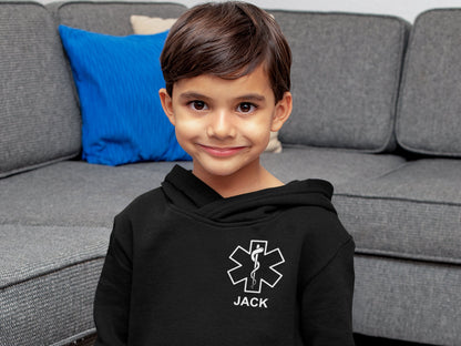 EMT Black Kids Hoodie with Star of Life and Personalized Name - Optional Department or City on Back