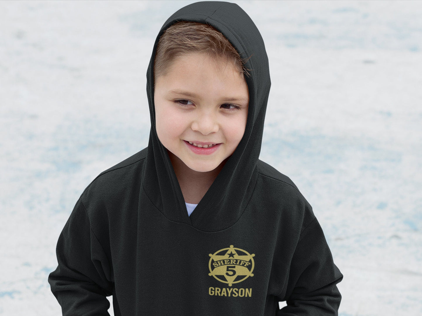 Sheriff Birthday Kids Hoodie with Shield Including Age and Name - Optional County Sheriff's Office on Back