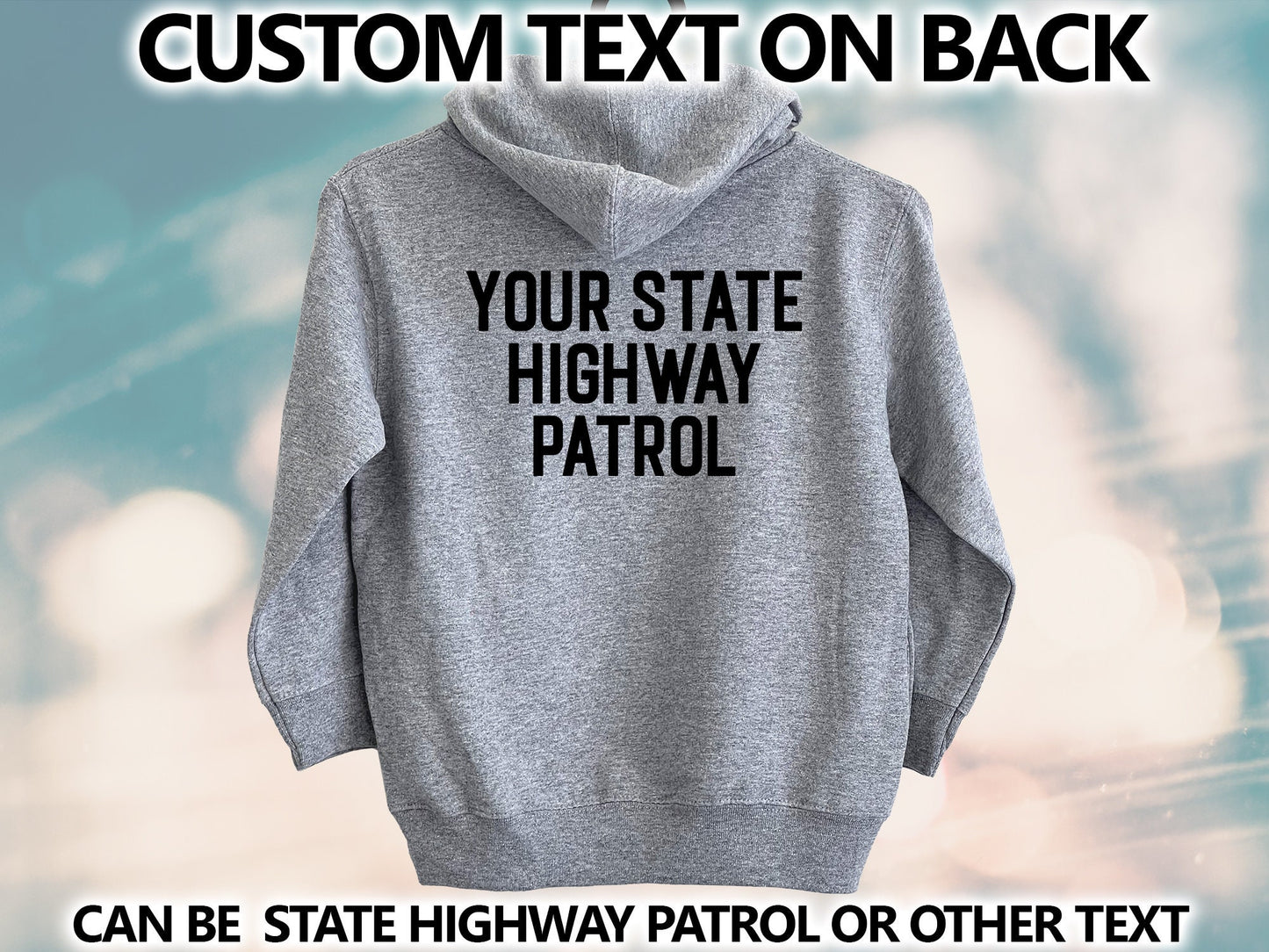 State Trooper Kids Gray Heather Hoodie with Shield and Personalized Name - Optional Highway Patrol or Other Text on Back