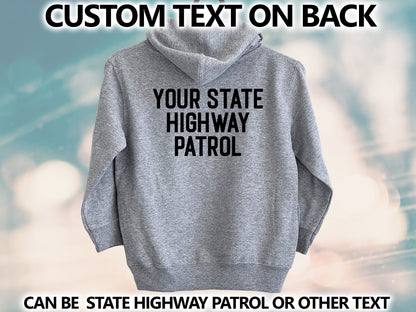 State Trooper Kids Gray Heather Hoodie with Shield and Personalized Name - Optional Highway Patrol or Other Text on Back