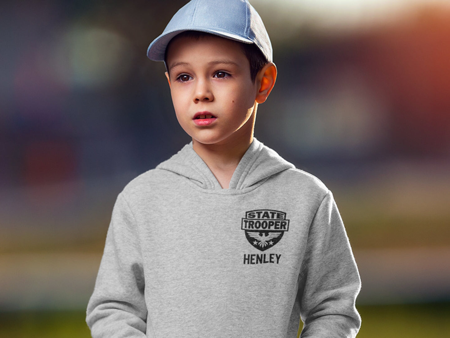 State Trooper Kids Gray Heather Hoodie with Shield and Personalized Name - Optional Highway Patrol or Other Text on Back