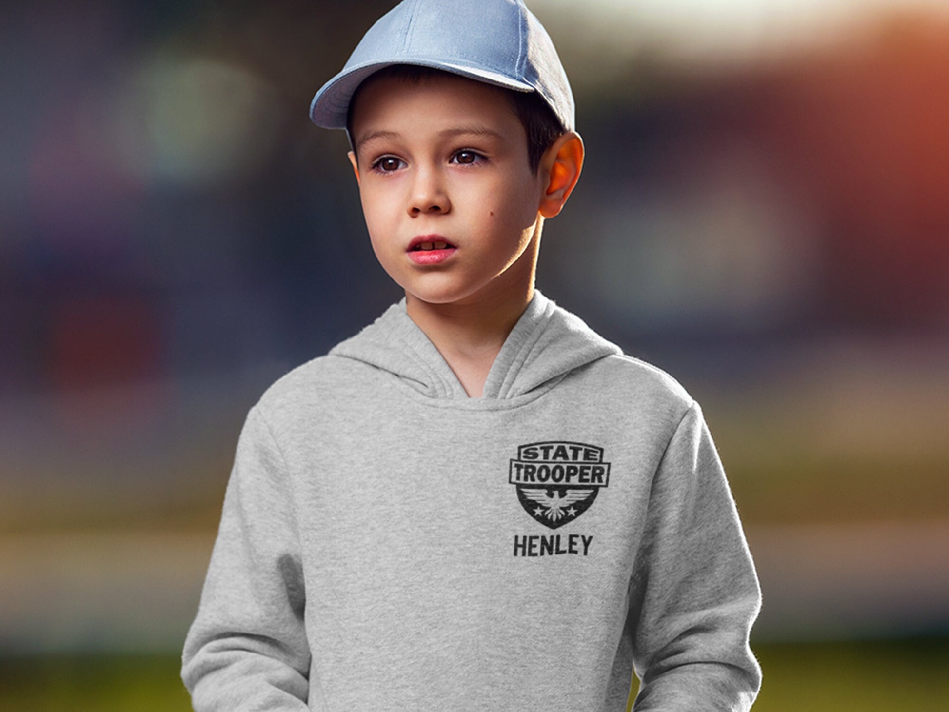 State Trooper Kids Gray Heather Hoodie with Shield and Personalized Name - Optional Highway Patrol or Other Text on Back