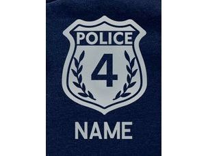 A silver police badge with the word 'POLICE' in silver letters. The badge also has a silver number '4' and a laurel wreath design. The text 'NAME' is below the badge in silver.