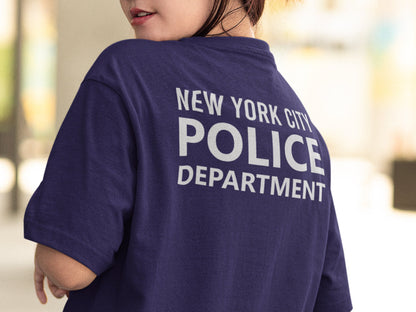 A navy blue t-shirt with the text 'NEW YORK CITY POLICE DEPARTMENT' printed in silver on the back.