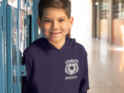 Police Youth Sized Hoodie in Navy with Badge and Name - Optional Police Department on Back
