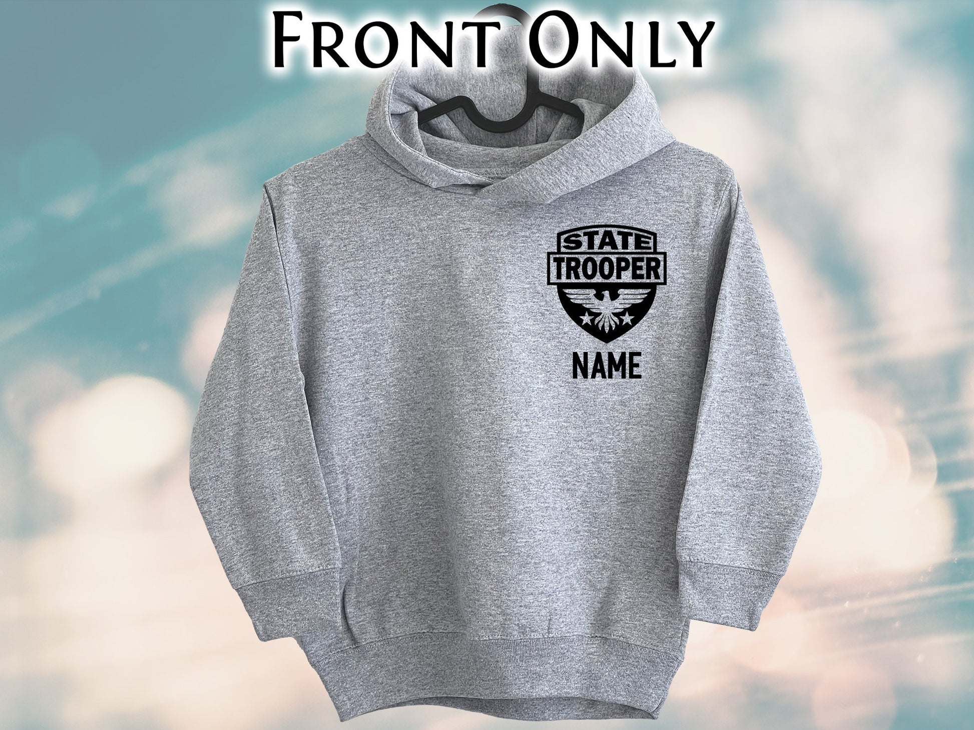 State Trooper Kids Gray Heather Hoodie with Shield and Personalized Name - Optional Highway Patrol or Other Text on Back