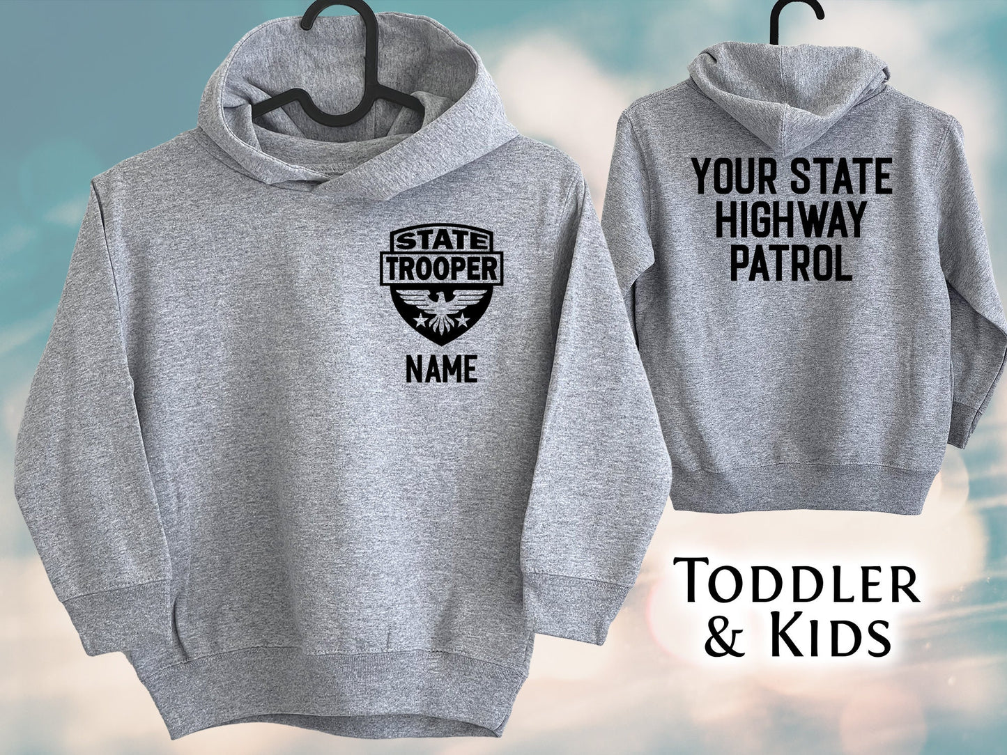 State Trooper Kids Gray Heather Hoodie with Shield and Personalized Name - Optional Highway Patrol or Other Text on Back