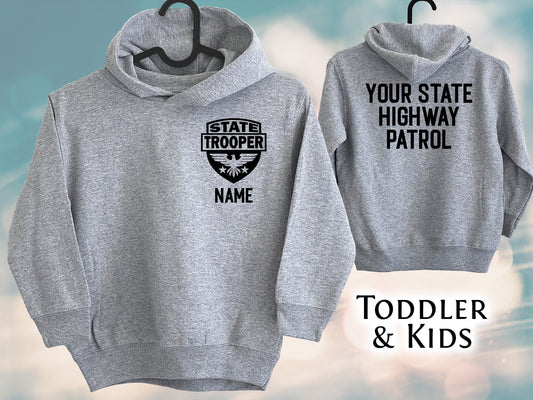 State Trooper Kids Gray Heather Hoodie with Shield and Personalized Name - Optional Highway Patrol or Other Text on Back