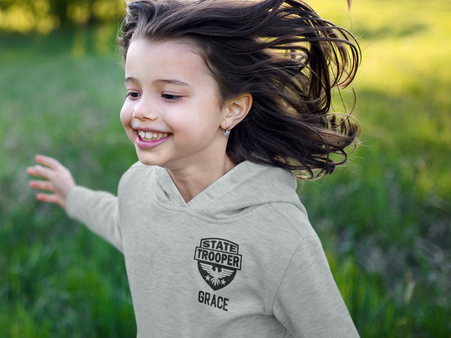 State Trooper Kids Gray Heather Hoodie with Shield and Personalized Name - Optional Highway Patrol or Other Text on Back
