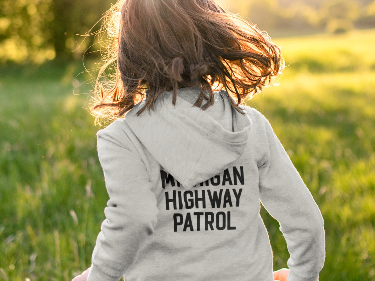 State Trooper Kids Gray Heather Hoodie with Shield and Personalized Name - Optional Highway Patrol or Other Text on Back