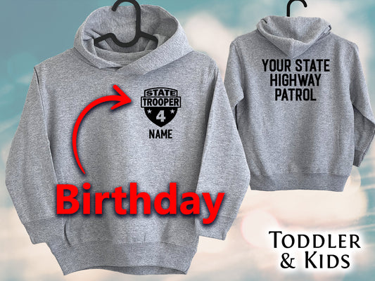 Birthday State Trooper Kids Gray Heather Hoodie - Shield with Age and Personalized Name - Optional Highway Patrol or Other Text on Back