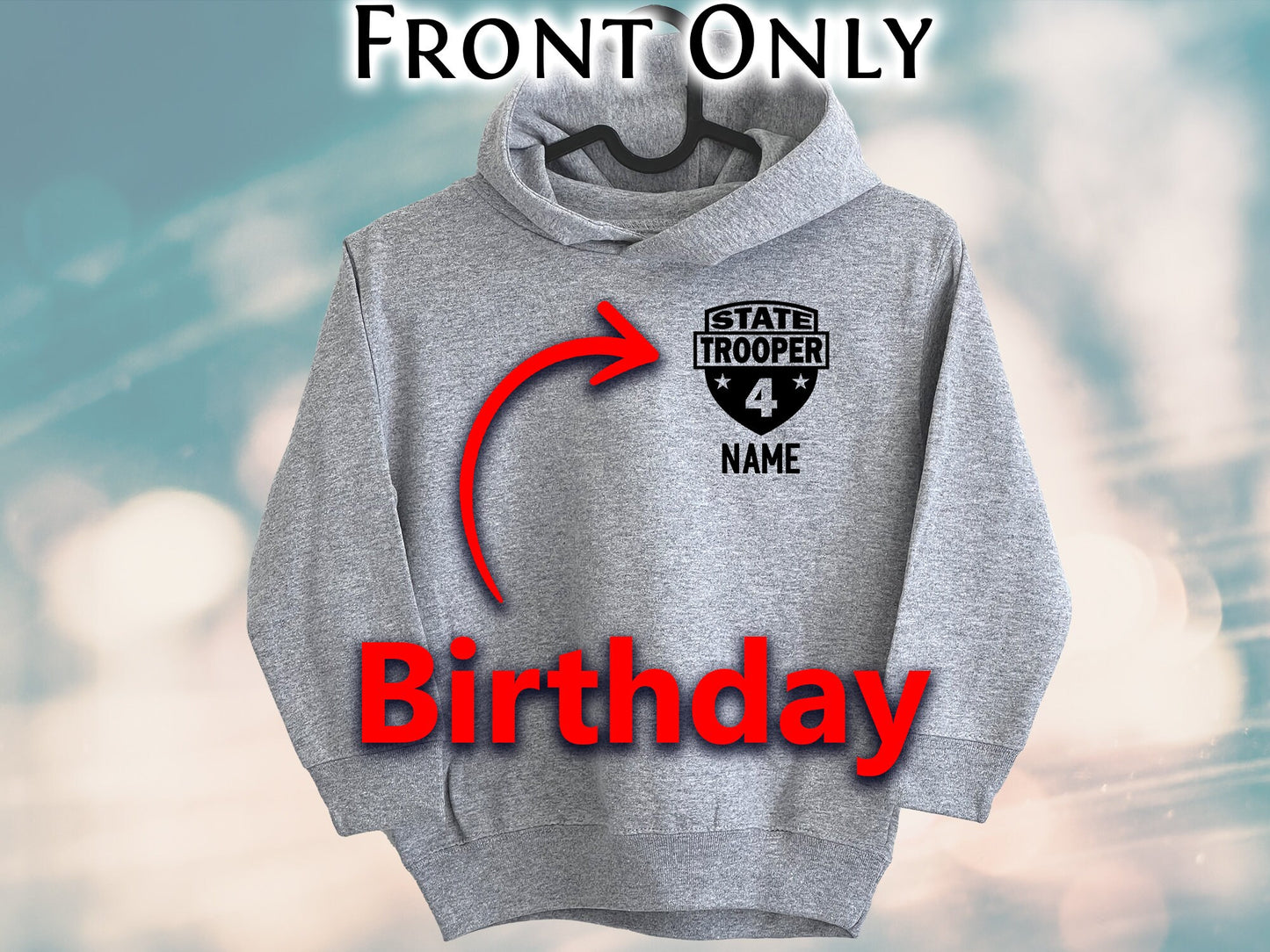 Birthday State Trooper Kids Gray Heather Hoodie - Shield with Age and Personalized Name - Optional Highway Patrol or Other Text on Back