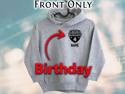 Birthday State Trooper Kids Gray Heather Hoodie - Shield with Age and Personalized Name - Optional Highway Patrol or Other Text on Back