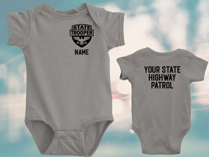 State Trooper Gray Baby Bodysuit with Badge and Personalized Name - Optional Highway Patrol Name on Back