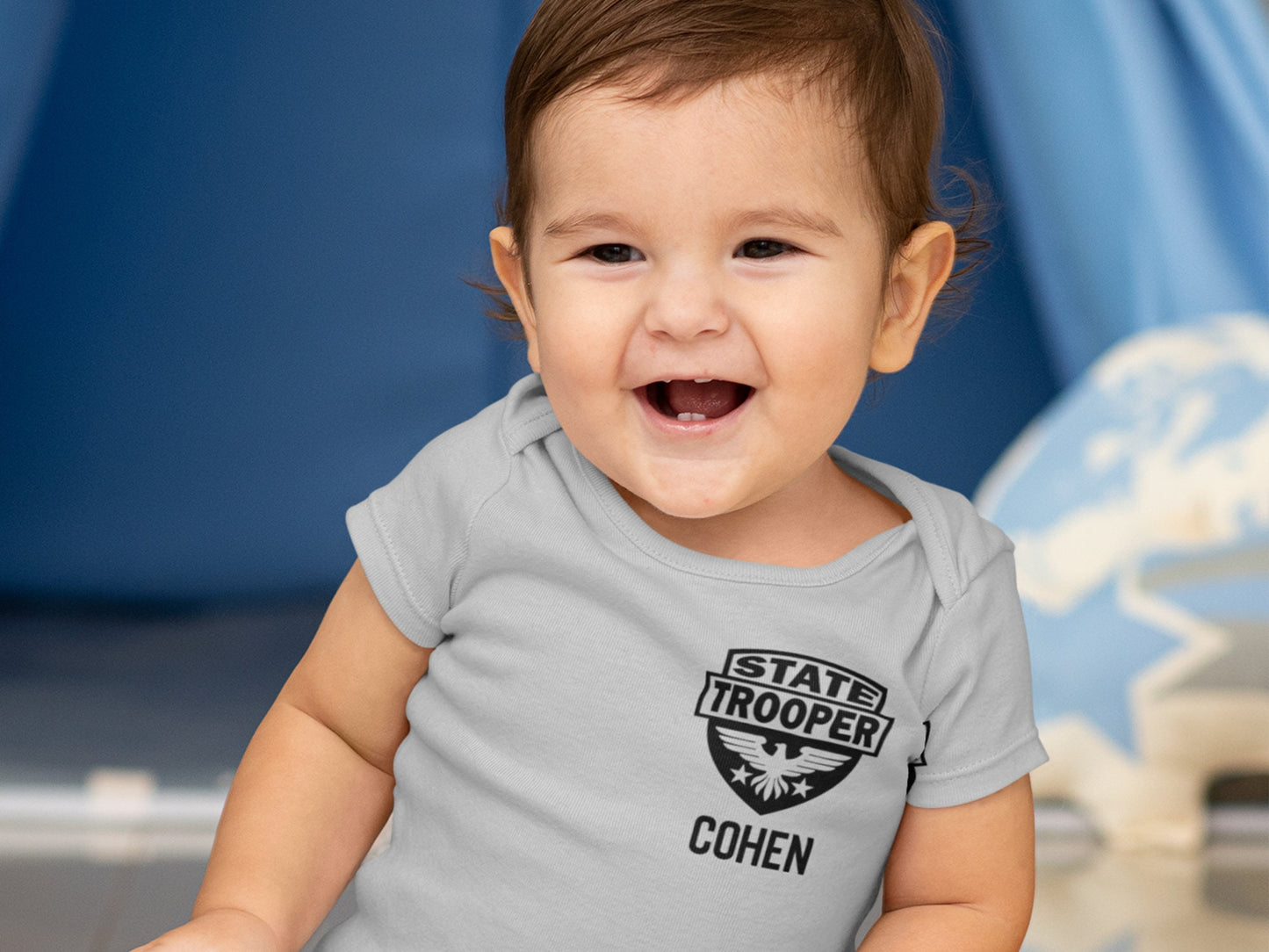 State Trooper Gray Baby Bodysuit with Badge and Personalized Name - Optional Highway Patrol Name on Back