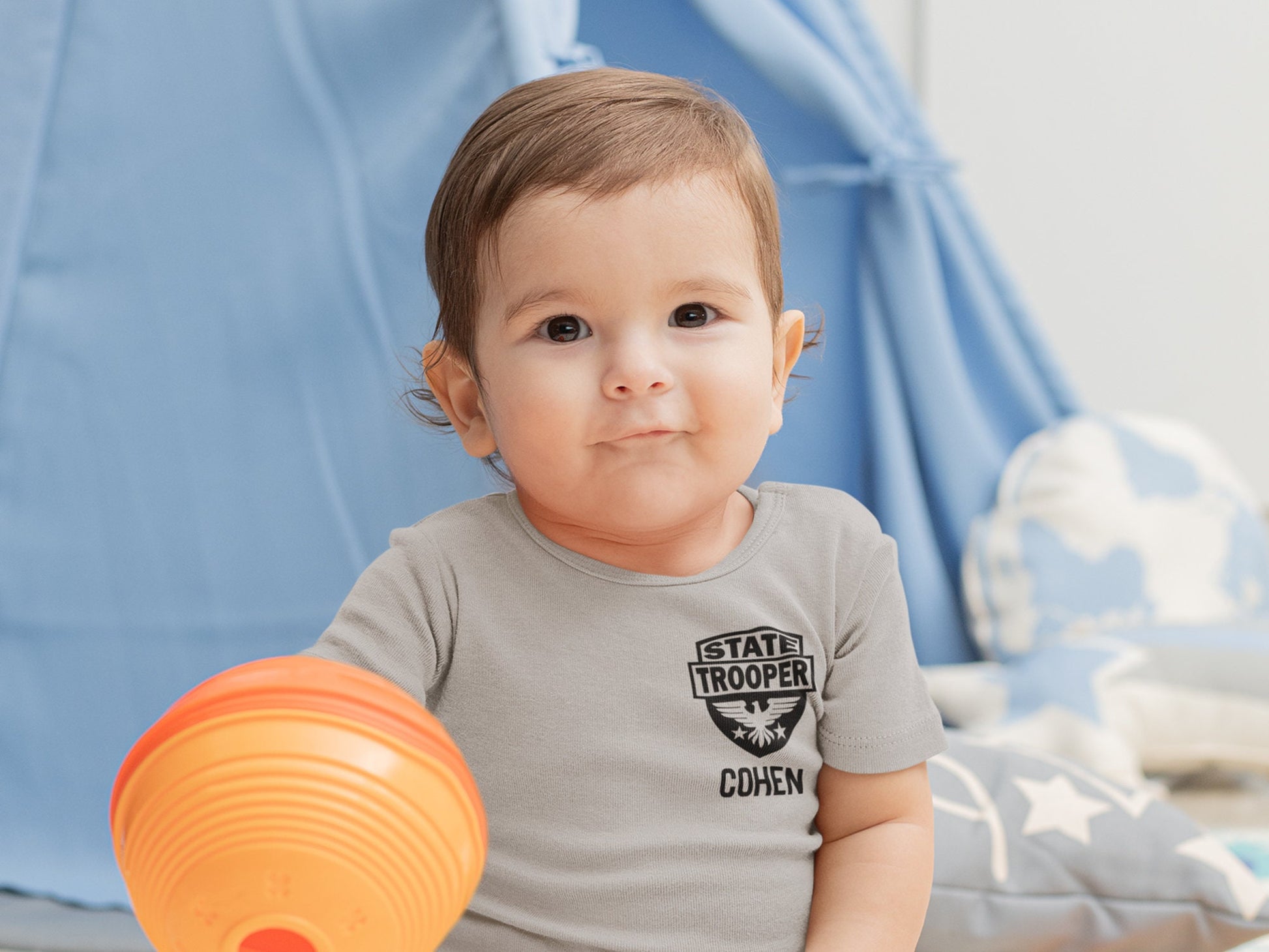 State Trooper Gray Baby Bodysuit with Badge and Personalized Name - Optional Highway Patrol Name on Back