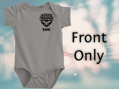 State Trooper Gray Baby Bodysuit with Badge and Personalized Name - Optional Highway Patrol Name on Back