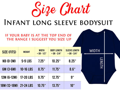 Size chart for infant long sleeve bodysuit with weight, length, and width, to aid in selecting the correct size.