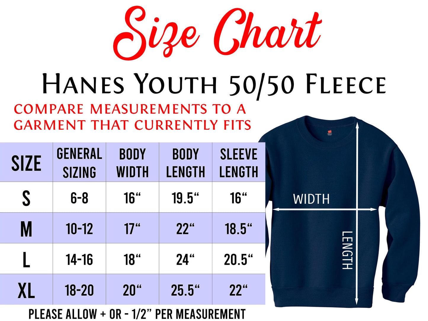 Size chart for Hanes youth sized crew neck fleece sweatshirt. Graph with sizes and measurements.