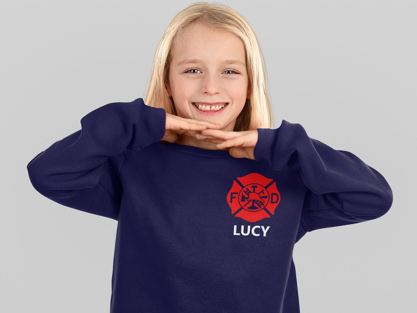 Firefighter Kids Crew Neck Sweatshirt with Maltese Cross and Personalized Name - Optional Fire Department on Back