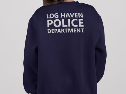 Back view of navy blue sweatshirt with 'Log Haven Police Department' in silver text.